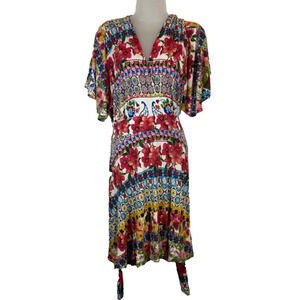 Desigual Dress Empire Waist Surplice Stretch M Midi Floral Tie Back Knit C17